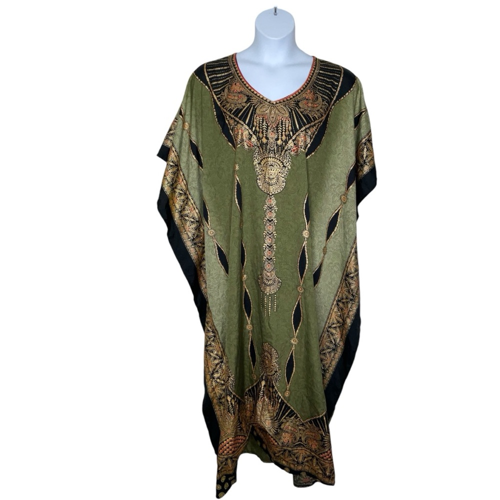 xSantee Classics One Size Kaftan Green V Neck Short Sleeve Maxi Floral Casual